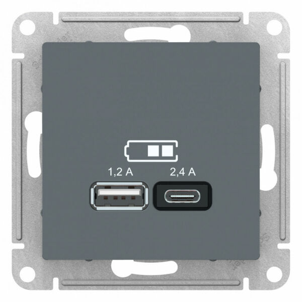 Изображение товара Розетка с USB A+С, 5В/2,4А, 2х5В/1,2А, механизм, Грифель, ATN000739 Atlas Design Schneider electric